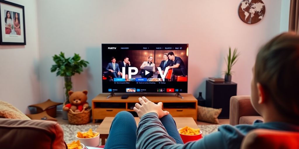 Mensch sieht IPTV auf Fernseher in gemütlichem Raum.